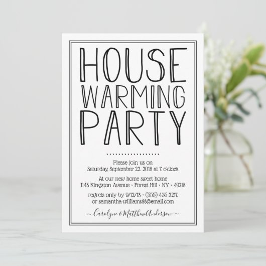 Trendy Black & White Typography Housewarming Party Kaart (Staand voorkant)