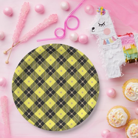 Trendy Black Yellow Pset Pattern Papieren Bordje (Feest)