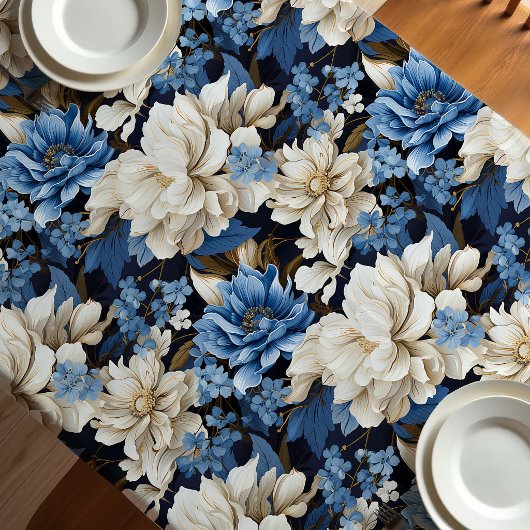 Trendy Blau Ivoren Bloemendruk Tafelkleed