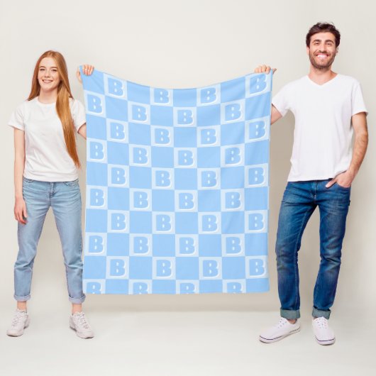 Trendy Blau Monogram Eerste Geruit Fleece Deken (In situ)
