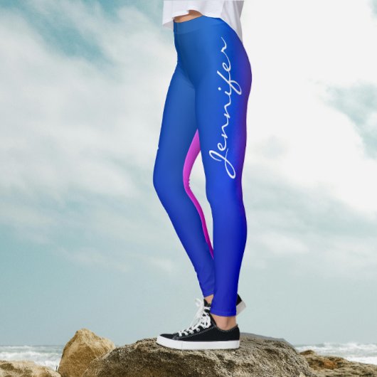 Trendy Blau Roze Tweekleurige Gradiënt Witte Scrip Leggings