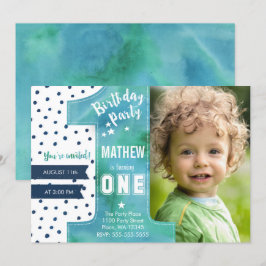 Trendy | Blauw | Aquarel | Eerste verjaardag | Kaart