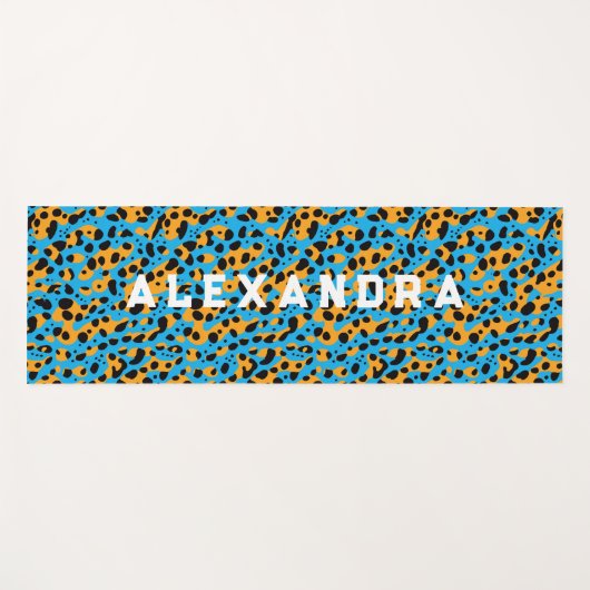 Trendy blauw en Oranje luipaard patroon en naam Yogamat (Voorkant (horizontaal))