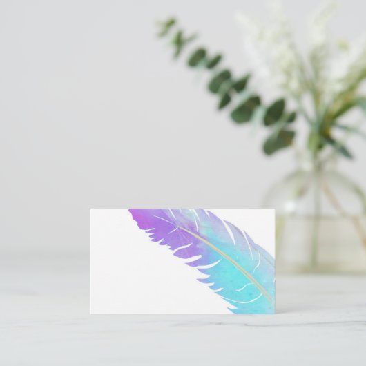 Trendy blauw en paarse waterverf veren op maat visitekaartje (Staand voorkant)
