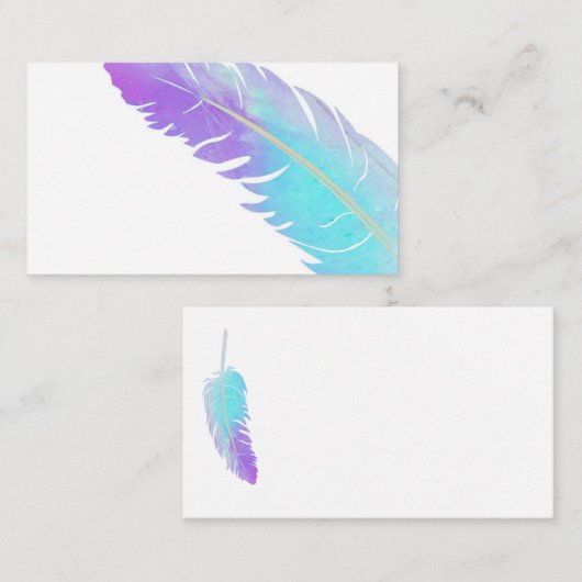 Trendy blauw en paarse waterverf veren op maat visitekaartje (Voorkant / Achterkant)