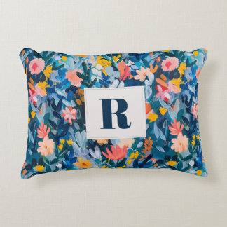 Trendy Blauw en Roze Abstract Botanisch Monogram Accent Kussen