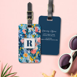 Trendy Blauw en Roze Abstract Botanisch Monogram Bagagelabel
