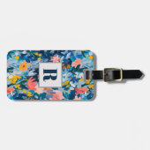 Trendy Blauw en Roze Abstract Botanisch Monogram Bagagelabel (Voorkant horizontaal)