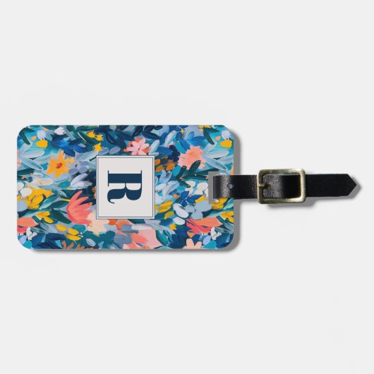 Trendy Blauw en Roze Abstract Botanisch Monogram Bagagelabel (Voorkant horizontaal)