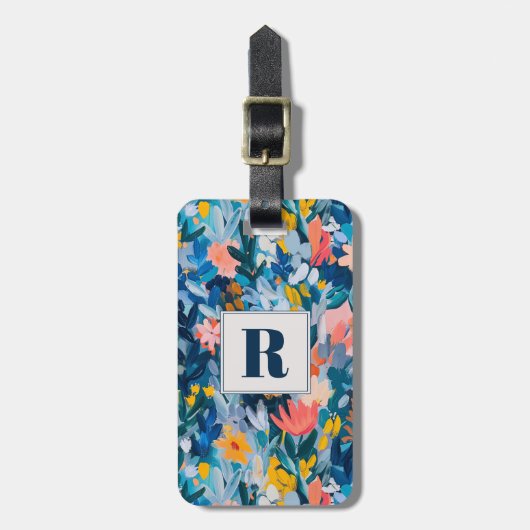 Trendy Blauw en Roze Abstract Botanisch Monogram Bagagelabel (Voorkant verticaal)
