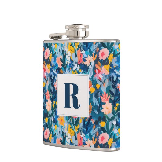 Trendy Blauw en Roze Abstract Botanisch Monogram Heupfles (Links)