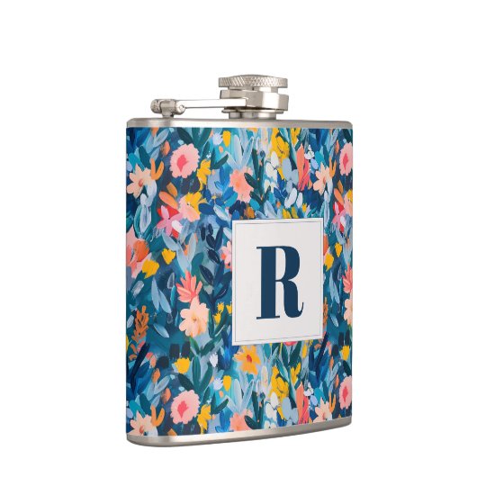 Trendy Blauw en Roze Abstract Botanisch Monogram Heupfles (Rechts)