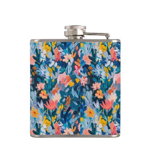 Trendy Blauw en Roze Abstract Botanisch Monogram Heupfles (Achterkant)