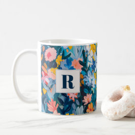 Trendy Blauw en Roze Abstract Botanisch Monogram Koffiemok