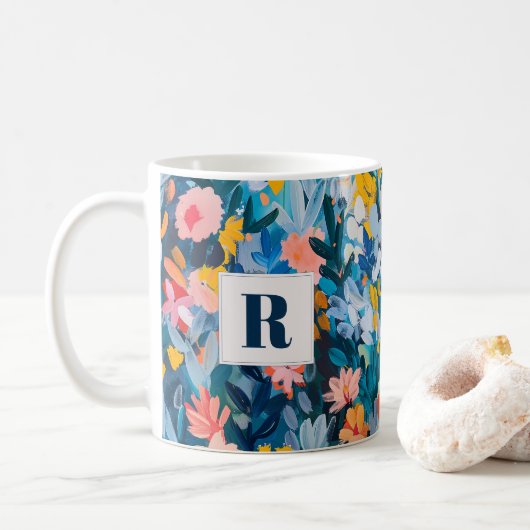 Trendy Blauw en Roze Abstract Botanisch Monogram Koffiemok (Met donut)