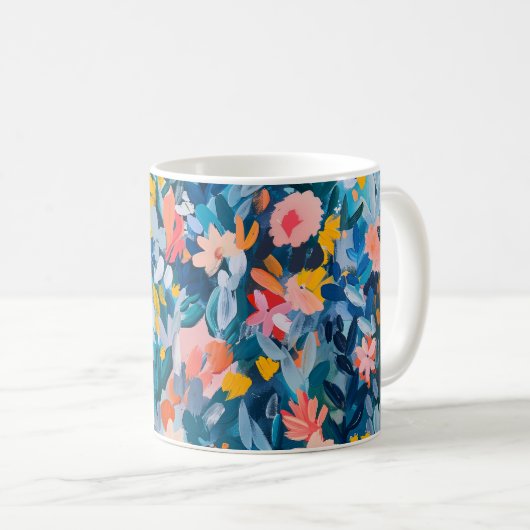 Trendy Blauw en Roze Abstract Botanisch Monogram Koffiemok (Voorkant rechts)