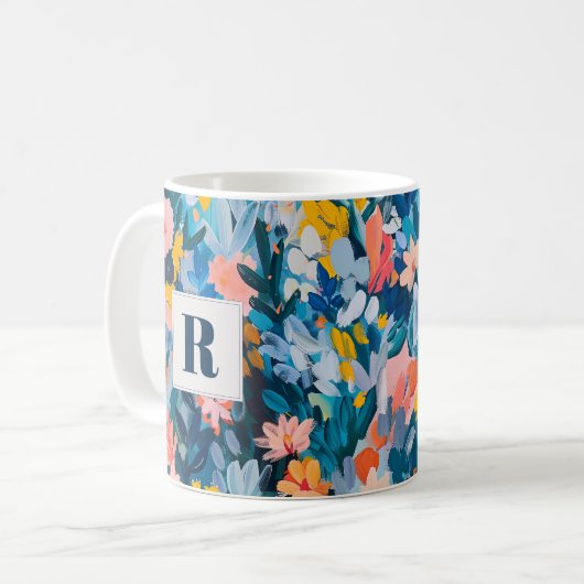 Trendy Blauw en Roze Abstract Botanisch Monogram Koffiemok (Voorkant links)