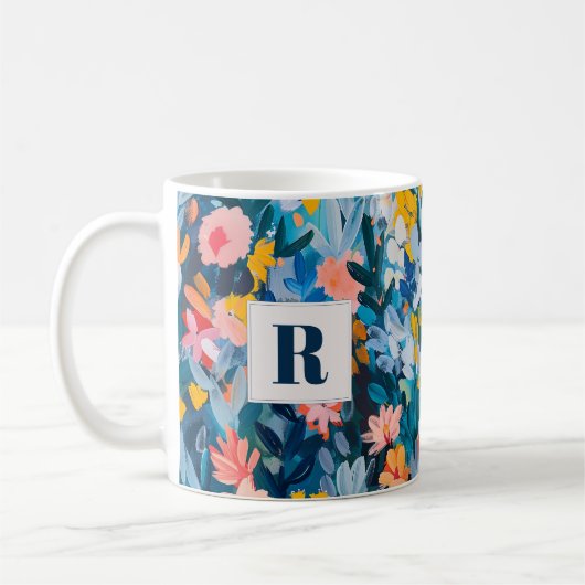 Trendy Blauw en Roze Abstract Botanisch Monogram Koffiemok (Links)
