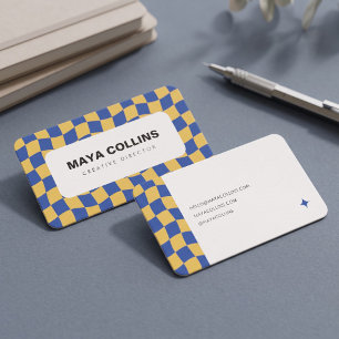 Trendy blauw geel golvend geruit visitekaartje