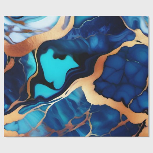 Trendy Blauw geel Goud faux marmer Cadeaupapier (Vlak)