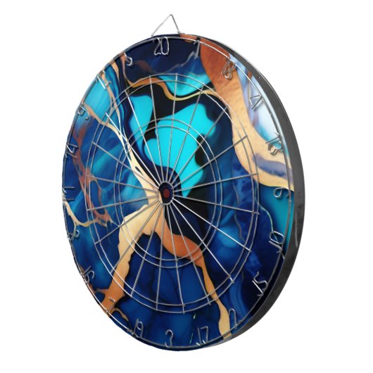Trendy Blauw geel Goud faux marmer Dartbord (Voorkant Rechts)