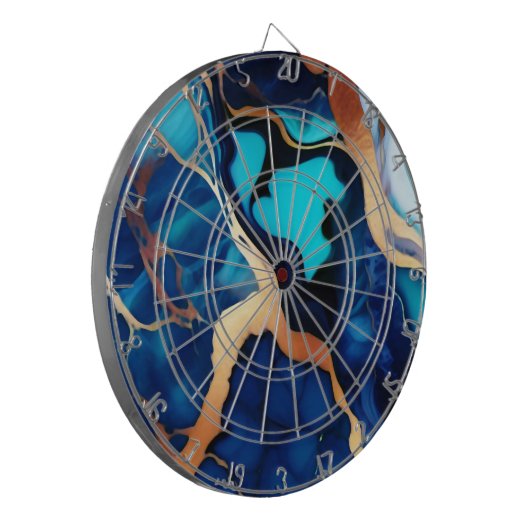 Trendy Blauw geel Goud faux marmer Dartbord (Voorkant Links)