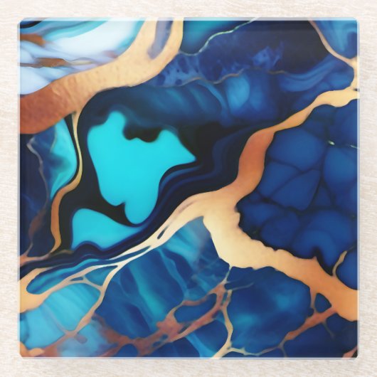 Trendy Blauw geel Goud faux marmer Glazen Onderzetter (Voorkant)