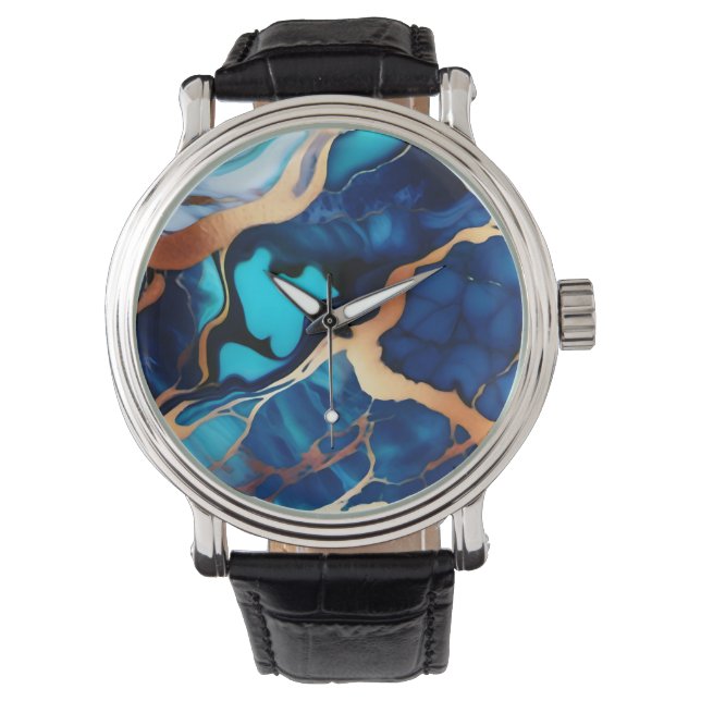 Trendy Blauw geel Goud faux marmer Horloge (Voorkant)