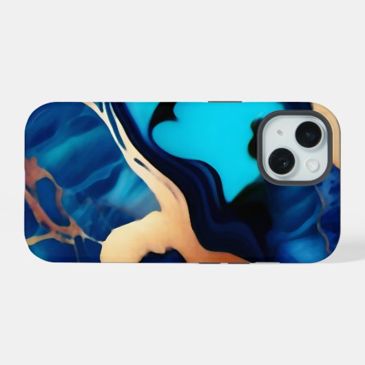 Trendy Blauw geel Goud faux marmer iPhone 15 Case (Achterkant horizontaal)