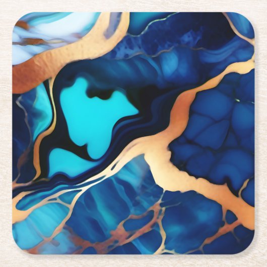 Trendy Blauw geel Goud faux marmer Kartonnen Onderzetters (Voorkant)