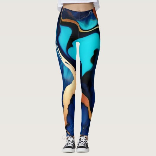 Trendy Blauw geel Goud faux marmer Leggings (Voorkant)