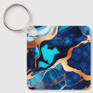Trendy Blauw geel Goud faux marmer Sleutelhanger