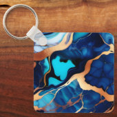 Trendy Blauw geel Goud faux marmer Sleutelhanger (Voorkant)