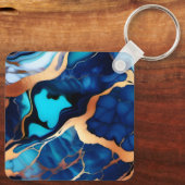 Trendy Blauw geel Goud faux marmer Sleutelhanger (Achterkant)