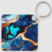 Trendy Blauw geel Goud faux marmer Sleutelhanger (Achterkant)