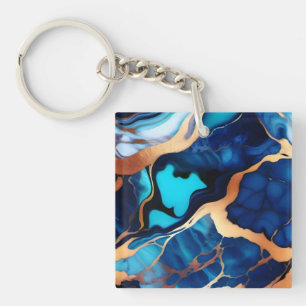 Trendy Blauw geel Goud faux marmer Sleutelhanger