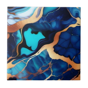 Trendy Blauw geel Goud faux marmer Tegeltje