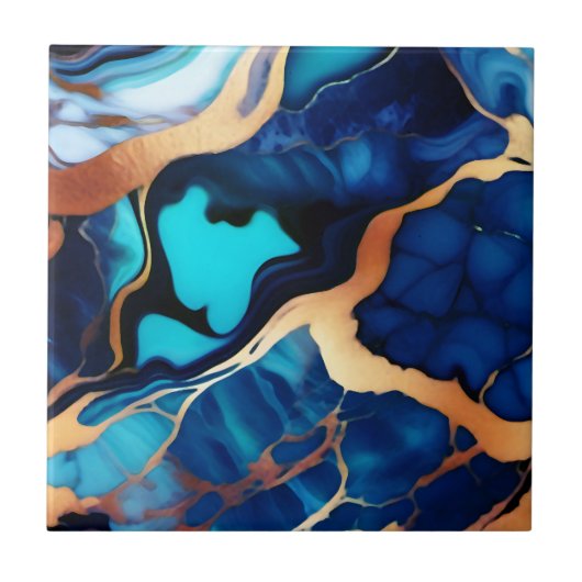 Trendy Blauw geel Goud faux marmer Tegeltje (Voorkant)