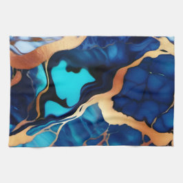 Trendy Blauw geel Goud faux marmer Theedoek