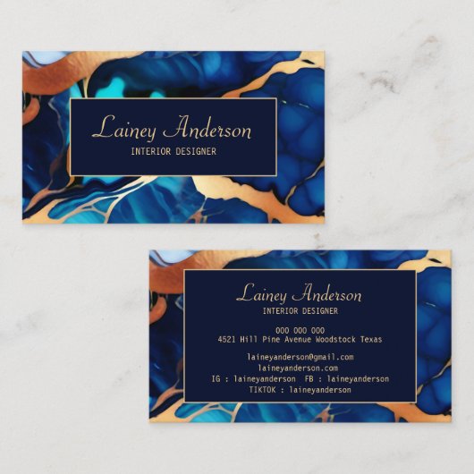 Trendy Blauw geel Goud faux marmer Visitekaartje (Voorkant / Achterkant)