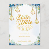 Trendy Blauw Gele Bloemen Met Lantaarns Trouwkledi Aankondigingskaart (Voorkant)