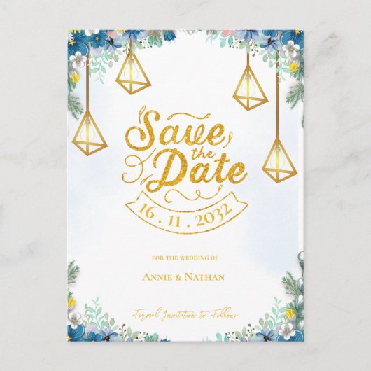 Trendy Blauw Gele Bloemen Met Lantaarns Trouwkledi Aankondigingskaart (Voorkant)