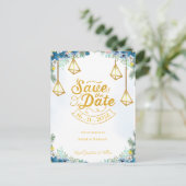 Trendy Blauw Gele Bloemen Met Lantaarns Trouwkledi Aankondigingskaart (Staand voorkant)