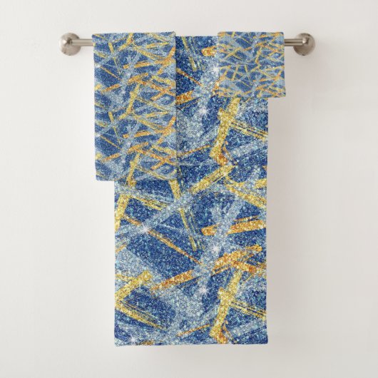 Trendy Blauw Goud Glitter Abstract Brush Strokes Bad Handdoek (Insitu)