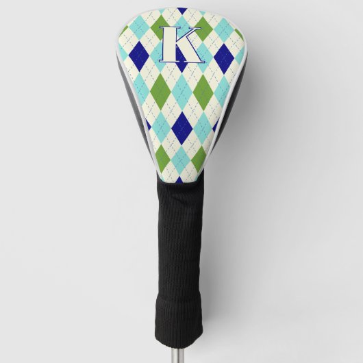 Trendy Blauw & Groen Argyle Patroon Modern Monogra Golfheadcover (Voorkant)