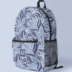 Trendy Blauw Modern Bloemmotief met Monogram Bedrukte Rugzak