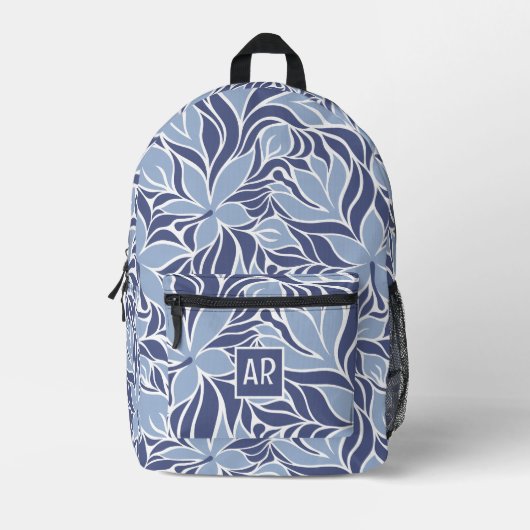 Trendy blauw modern bloemmotief monogram bedrukte rugzak (Voorkant)