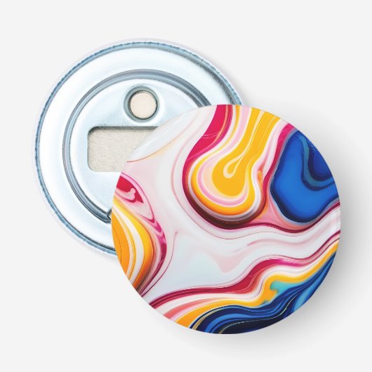 Trendy blauw roze geel wit namaak marmer button flesopener (Voorkant)