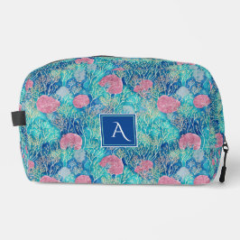 Trendy Blauw Roze Oceaan Koraal Aquarel Monogram Toilettasje