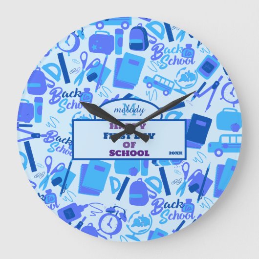 trendy blauw  Terug naar School Pattern Grote Klok (Voorkant)